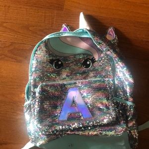 Justice unicorn letter A monogram flip sequin backpack/ bag